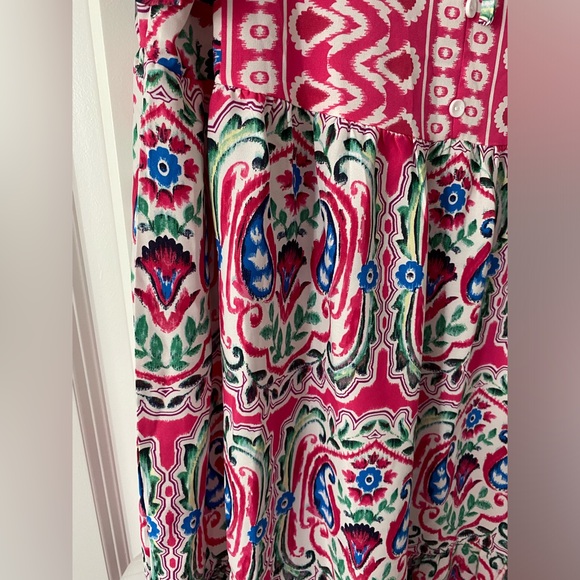 Mosul Mosaic: Pink Bohemian Print Tie Neck Ruffle Hem Dress Size Large Midi - Picture 6 of 8